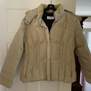 CALVIN KLEIN DOWN PUFFER Hooded JACKET WOMENS off white LGE FAUX FUR COLLAR ZIP